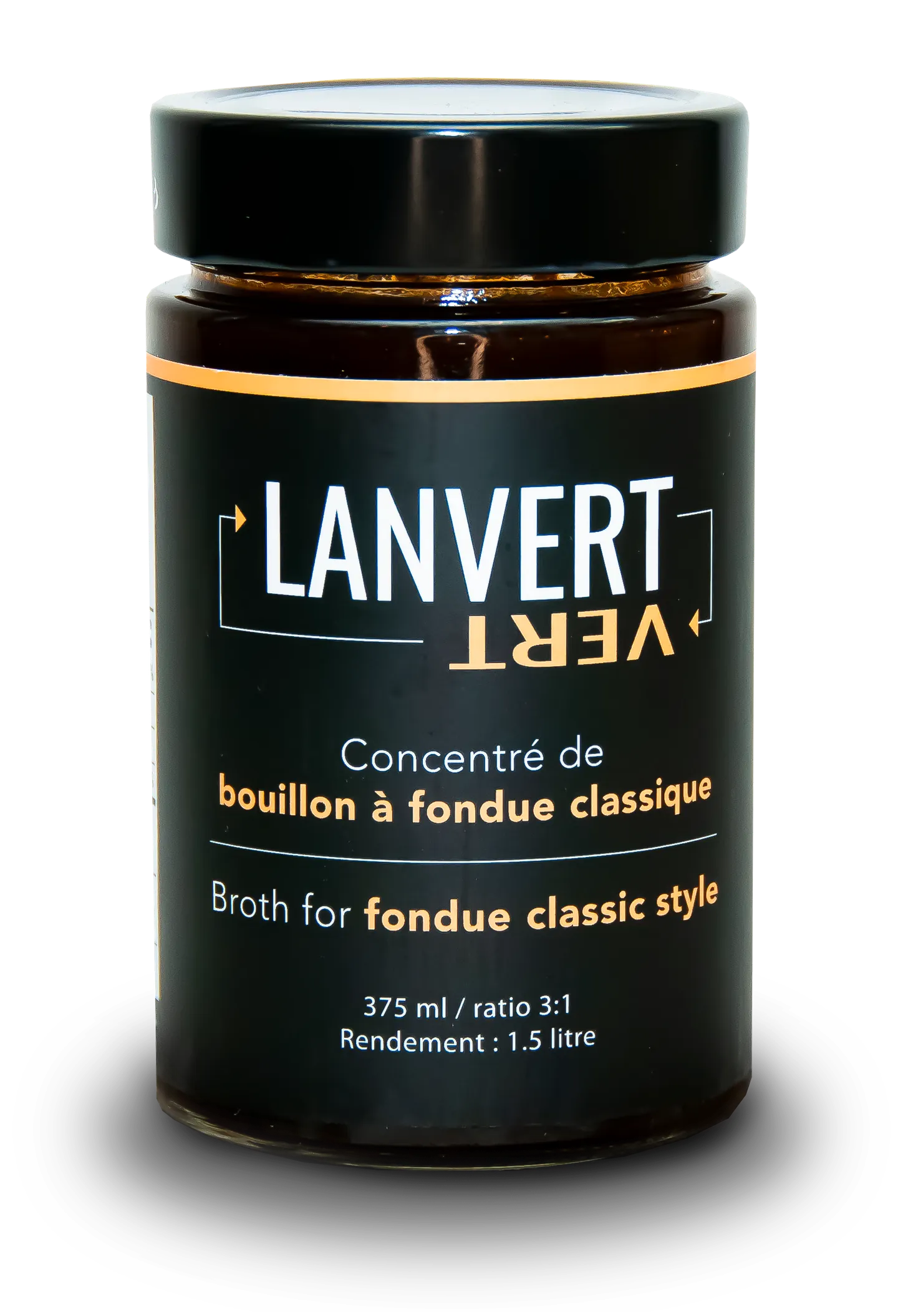 Bouteille de concentré de bouillon à fondue classique Lanvert, 375 ml, étiquette noire et ambre