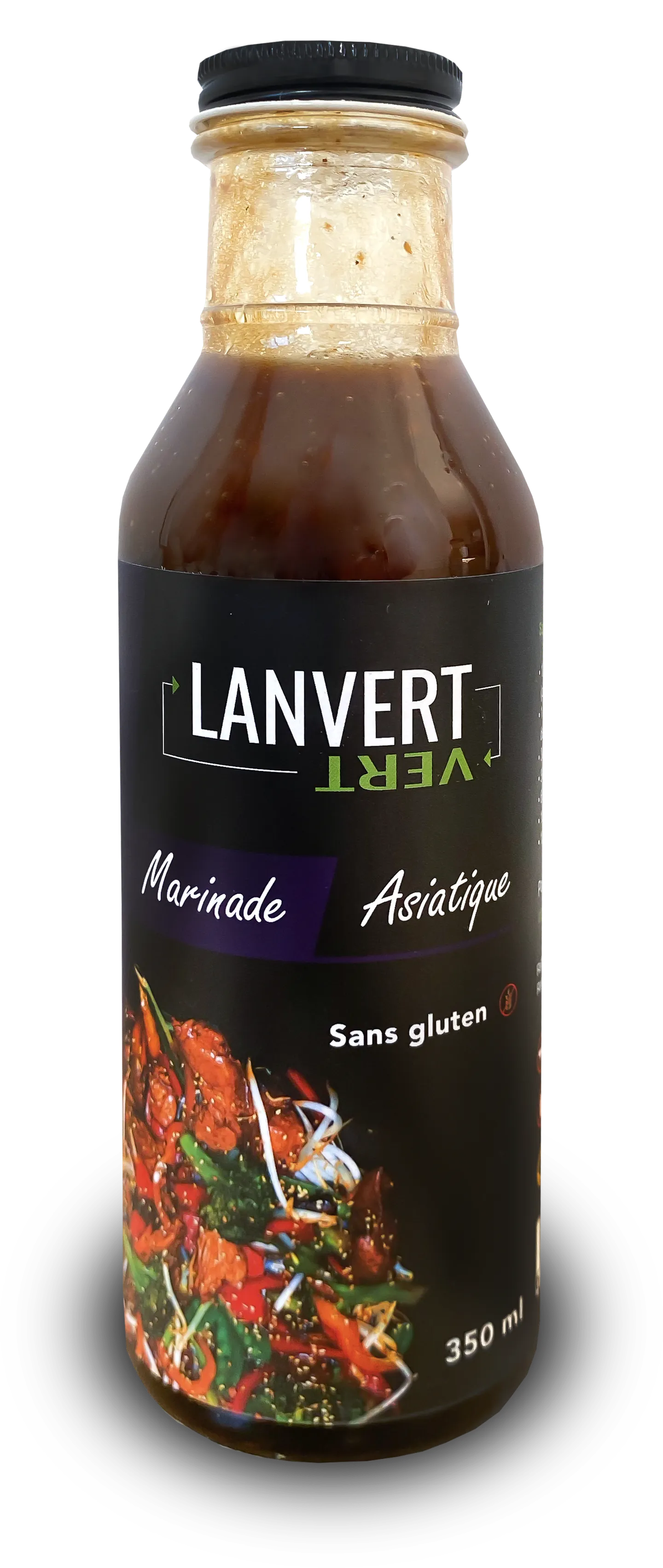 Bouteille de marinade asiatique Lanvert, 350 ml, étiquette noire à bandeau violet