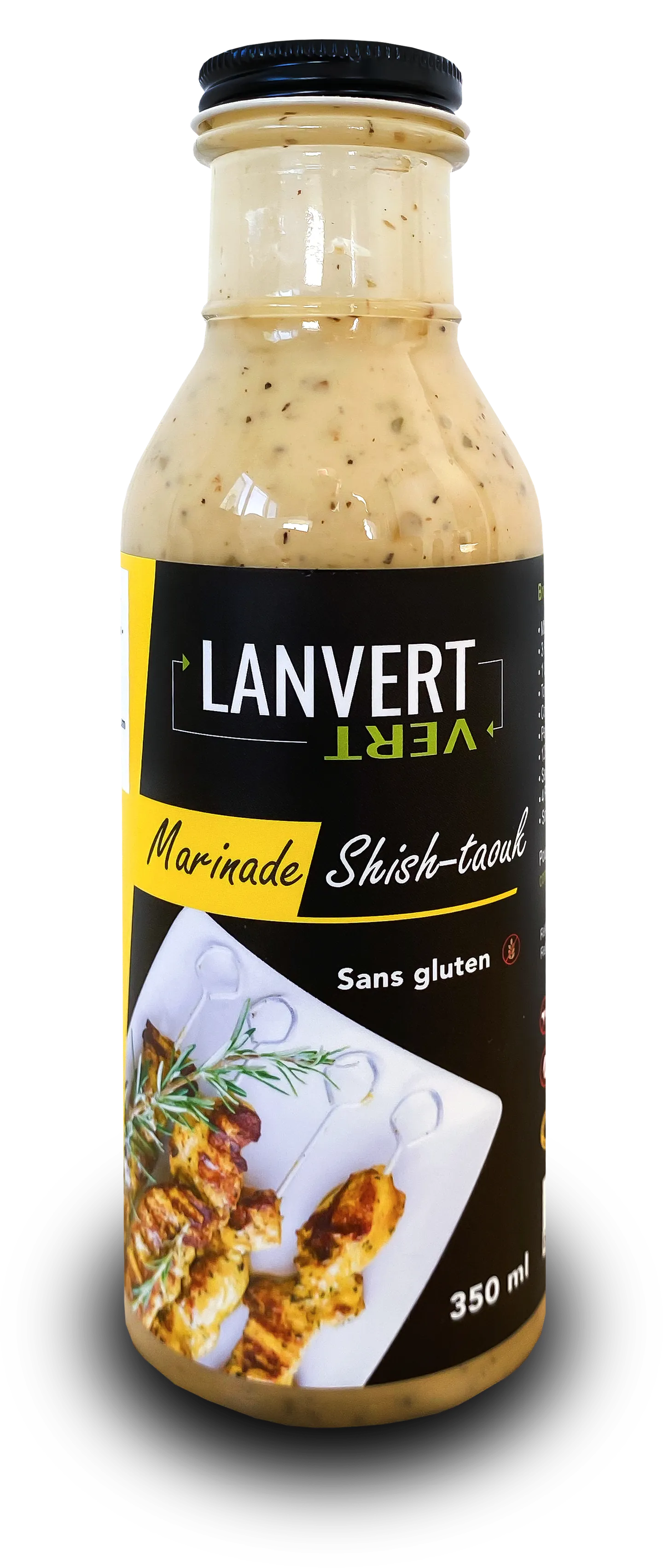 Bouteille de marinade shish-taouk Lanvert, 350 ml, étiquette noire à bandeau jaune