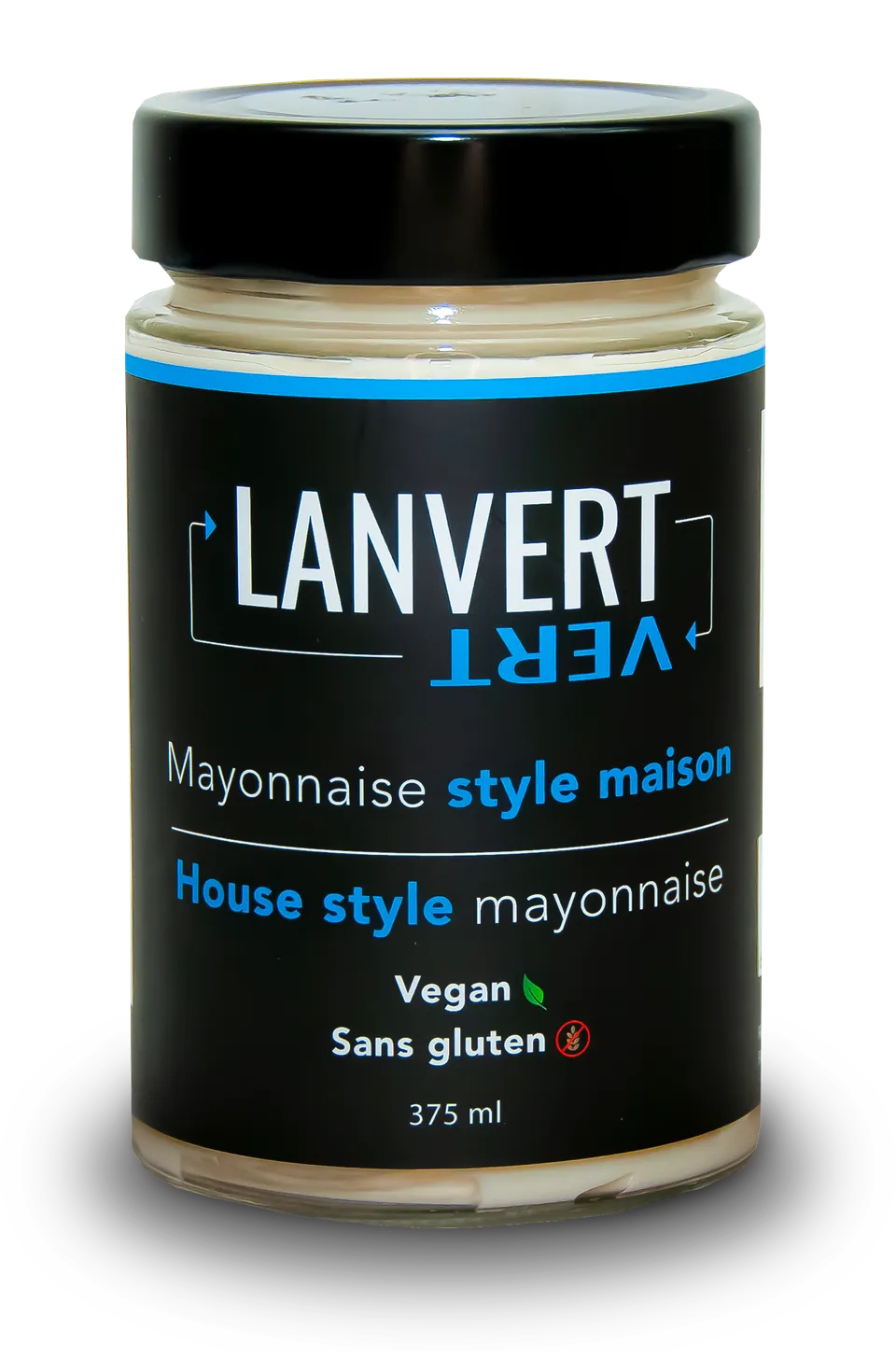 Pot de mayonnaise style maison Lanvert, 375 ml, étiquette noire et bleue