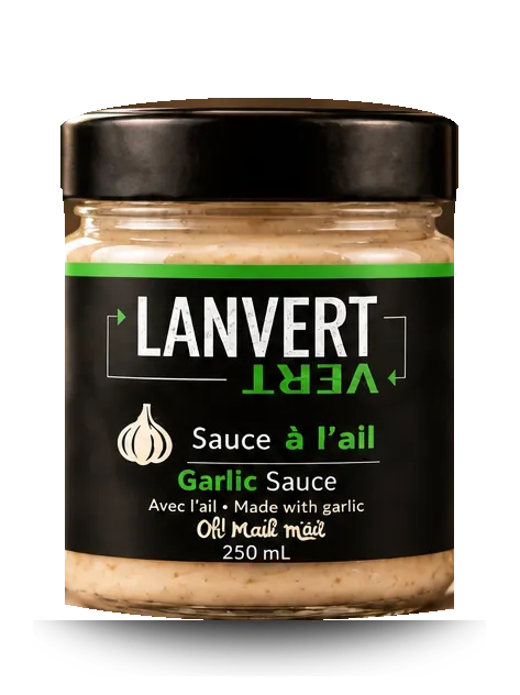 Pot de sauce à l’ail Lanvert, 250 mL, étiquette noire à bandeau vert