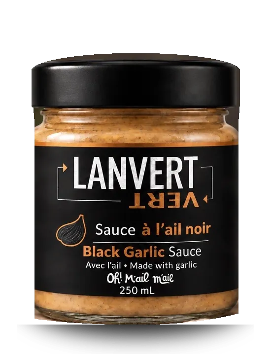 Pot de sauce à l’ail noir Lanvert, 250 mL, étiquette noire à lettrage cuivré
