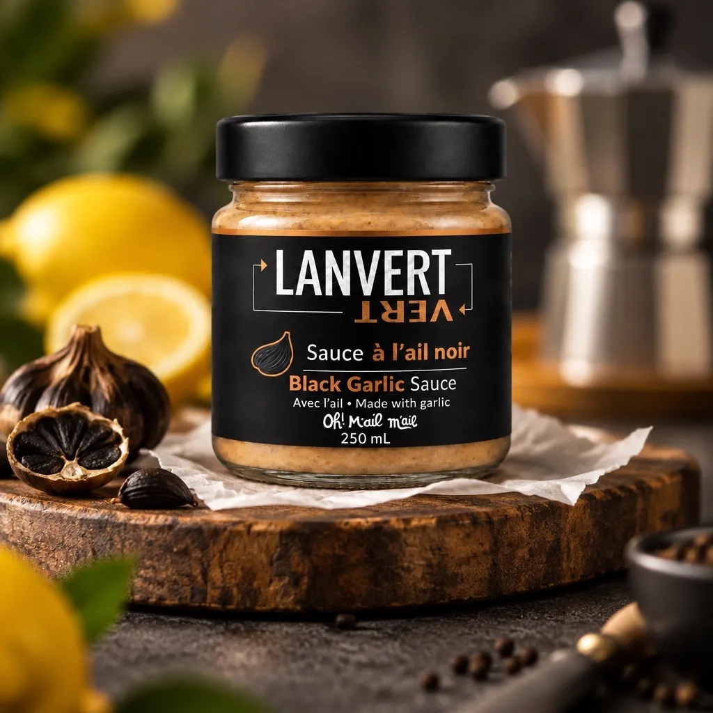 Pot de sauce à l’ail noir Lanvert, 250 mL, posé sur une planche de bois à côté de têtes d’ail noir ouvertes et d’un citron