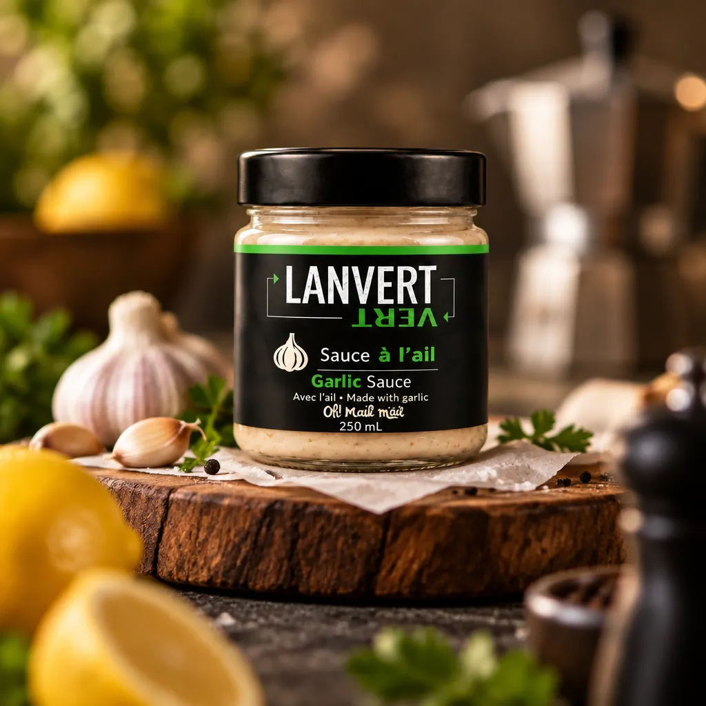 Pot de sauce à l’ail Lanvert, 250 mL, posé sur une planche de bois entre des gousses d’ail, des citrons et du persil
