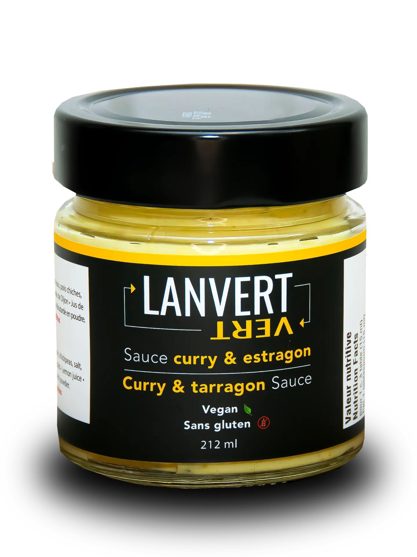 Pot de sauce curry et estragon Lanvert, 212 ml, étiquette noire à bandeau jaune