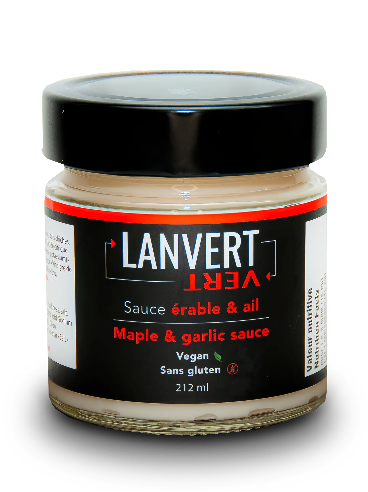 Pot de sauce érable et ail Lanvert, 212 ml, étiquette noire à bandeau rouge
