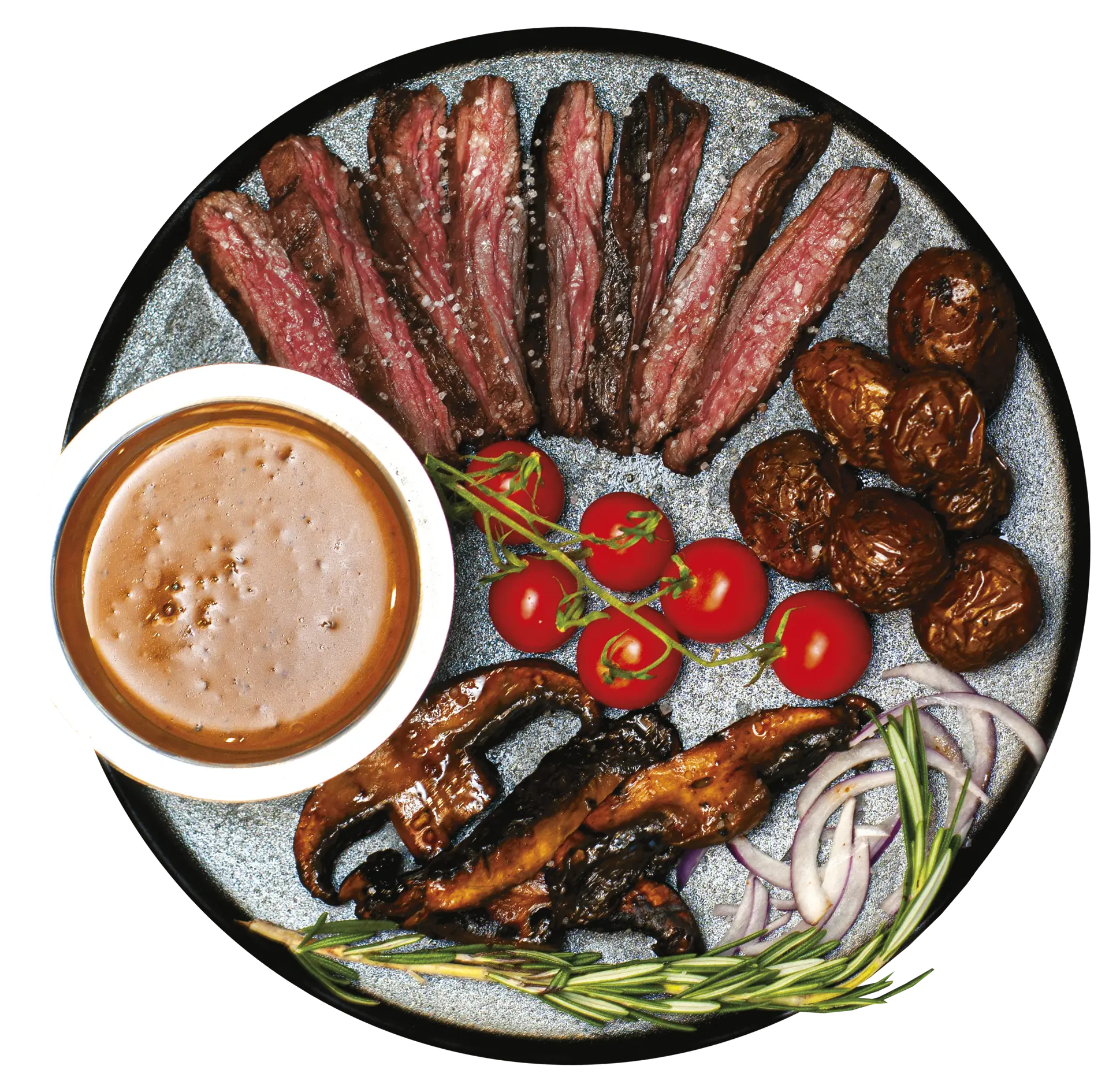 Assiette ronde de hampe de bœuf tranchée, champignons portobello grillés, tomates cerises, pommes de terre grelots, oignon rouge et ramequin de sauce crémeuse